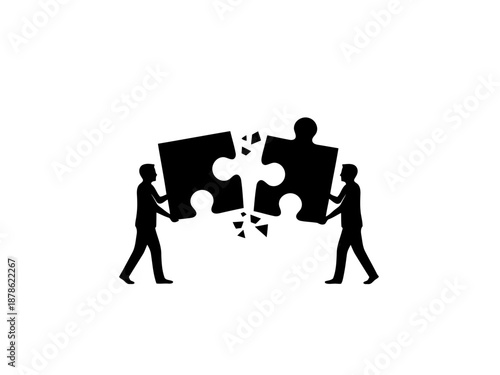 Two businessmen assembling puzzle pieces together in a team effort
