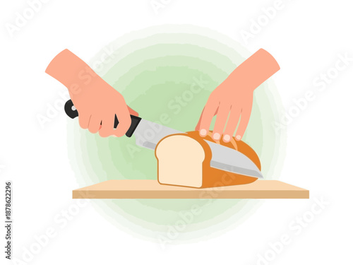 Colorful illustration of hands cutting a loaf of bread on a cutting board