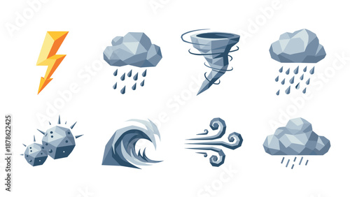 Geometric weather icons set featuring lightning, clouds, tornado, and natural elements