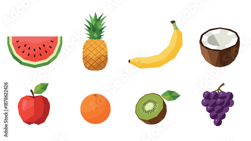 Colorful geometric fruit collection featuring watermelon, pineapple, banana, and more