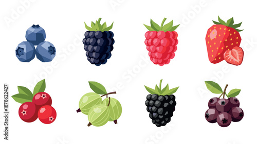 Colorful geometric berries set with leaves and realistic details on white background