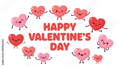 Cute hearts celebrating Valentine's Day with cheerful expressions and confetti
