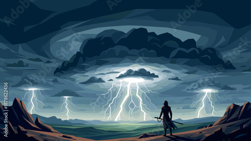 Epic adventure in a stormy landscape with dramatic lightning strikes and courageous hero