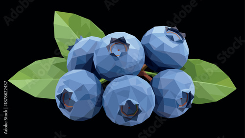 Low poly blueberry cluster with leaves on black background