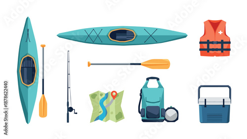 Kayaking adventure essentials with equipment in flat design