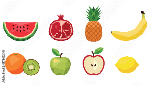 Geometric fruit collection featuring pineapple and watermelon in low poly style