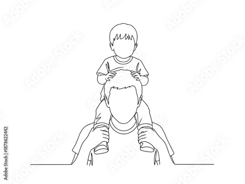 A black and white line drawing of a child sitting on a mans shoulders