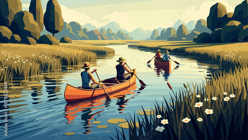 Tranquil canoe journey through serene river landscape in vibrant style