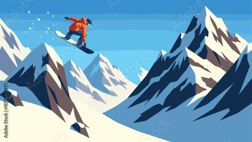 Snowboarder in mid-air adventure over majestic winter mountains