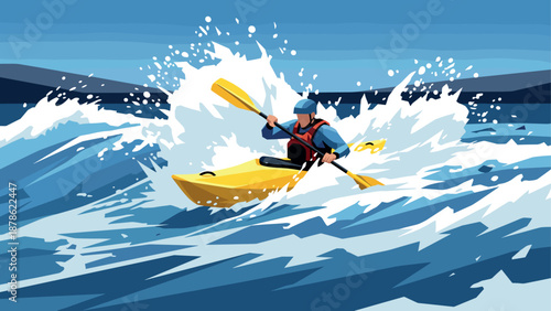 Dynamic kayaking adventure captured in vibrant digital style