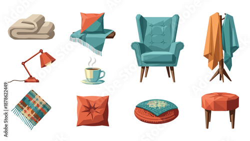 Cozy home decor essentials: armchair, throw pillows, and more in flat style