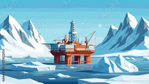 Arctic oil rig amidst pristine snowy peaks and icebergs in low poly art style