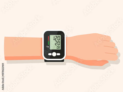 An illustration of a blood pressure monitor on a persons arm on a beige background