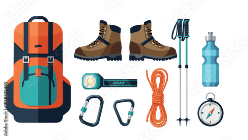 Essential hiking gear set featuring backpack, boots, and climbing accessories in a flat design