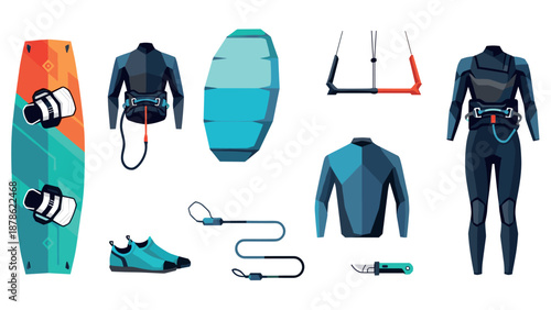 Kitesurfing gear set in modern low poly style featuring wetsuits and colorful boards