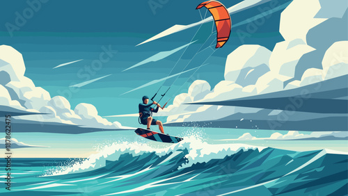 Dynamic kite surfing adventure under vibrant skies and rolling ocean waves