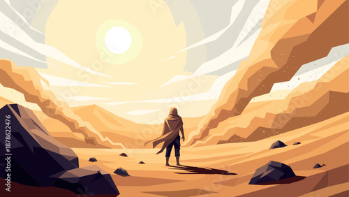 Adventurer in sunny desert landscape with dramatic rocks and shadows