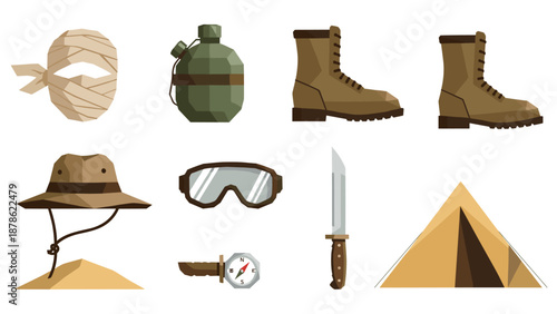Camping adventure gear: boots, tent, hat, and more in flat design