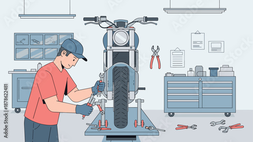 Mechanic repairing motorcycle in modern garage with tools and equipment