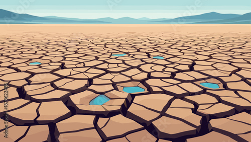 Arid landscape with cracked earth and sparse water puddles in minimalistic desert scene