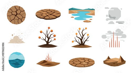 Nature elements and landscapes collection: water, desert, and vegetation