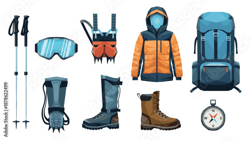 Modern flat winter hiking gear set with camping tools and accessories