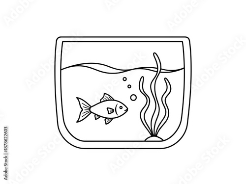 Black and white line drawing of a fish swimming in a small aquarium with seaweed