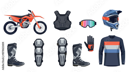 Motocross gear set with bike and protective equipment in flat design