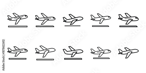 Party celebration airplane landing line art icon set. Minimalist Holiday line art vector icons collection