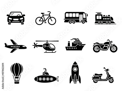 Collection of black silhouettes of various vehicles
