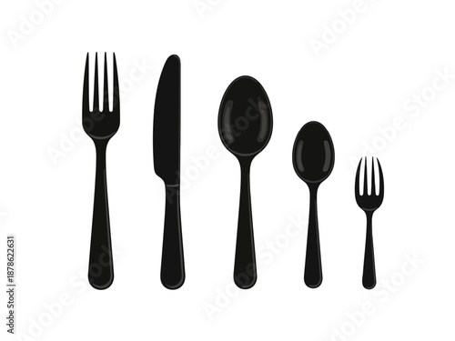 Black cutlery set including fork knife spoon and small fork