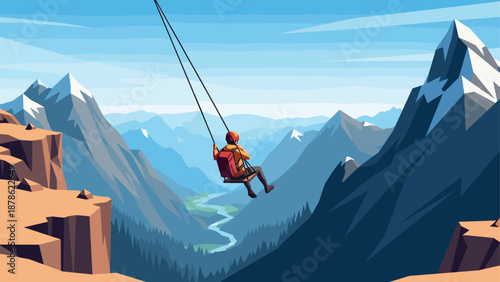 Adventure swinging over mountain valley in flat art style