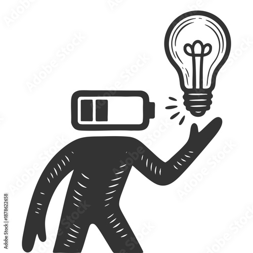 low battery figure holding a glowing light bulb, symbolizing sudden inspiration despite exhaustion or burnout. sketch engraving generative ai vector illustration. Scratch board imitation. 