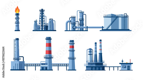 Industrial energy structures: chimneys, pipes, and tanks in flat design
