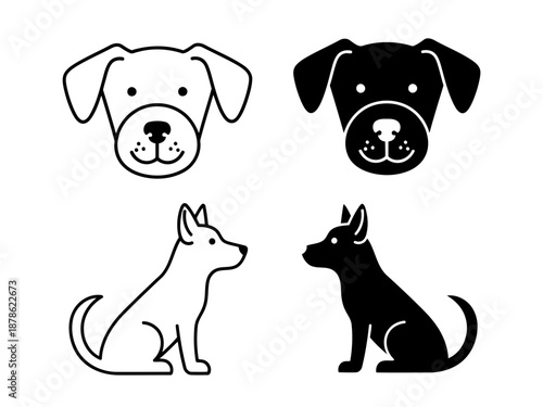 Collection of dog line art illustrations in black and white colors