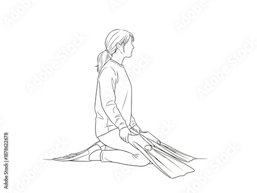 Woman sitting in a yoga pose on a mat in line art style
