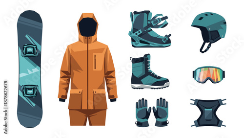 Winter sports gear collection: snowboard, jacket, boots, and accessories