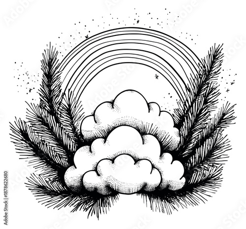 Hand drawn line art illustration of clouds, a rainbow, and pine branches depicting a mystical nature scene for creative projects