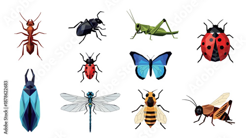 Geometric insects collection: ant, grasshopper, ladybug, and more in low poly style