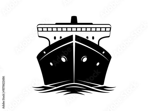 Front view of a ship or boat in black and white line art