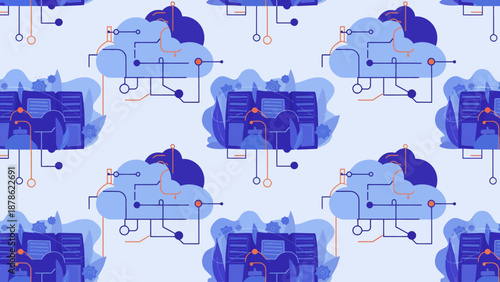 A digital illustration of cloud computing infrastructure with abstract circuitry and technology elements on a light background
