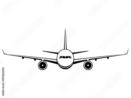 Black and white illustration of an airplane viewed from the front