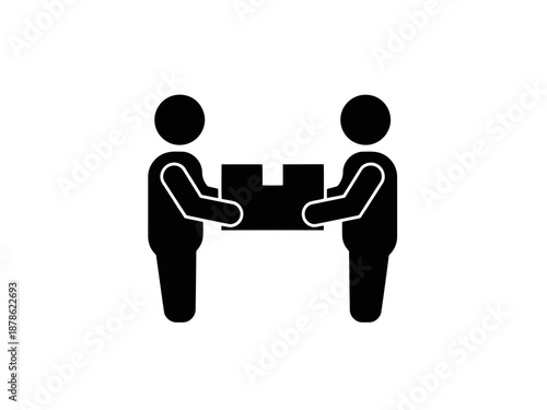 Black and white illustration of two people passing a box