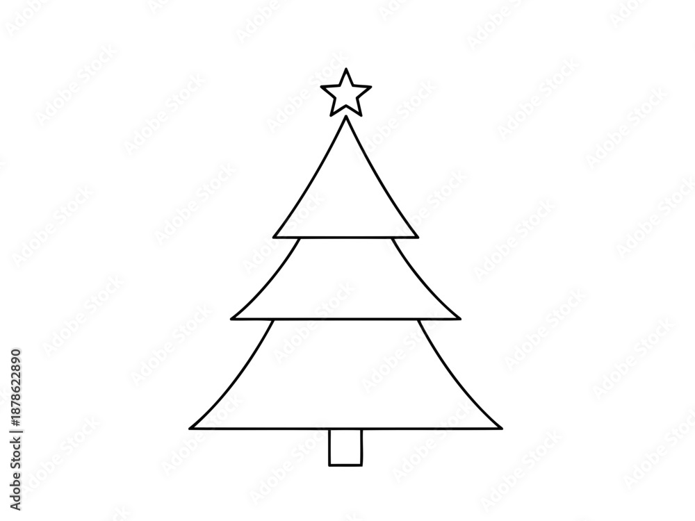 Fototapeta premium Simple line drawing of a christmas tree with a star on top