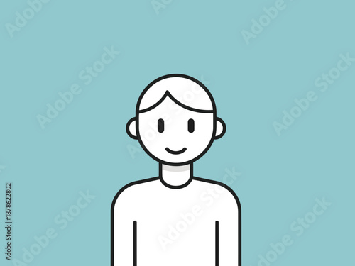 Smiling cartoon man on teal blue background with white at bottom