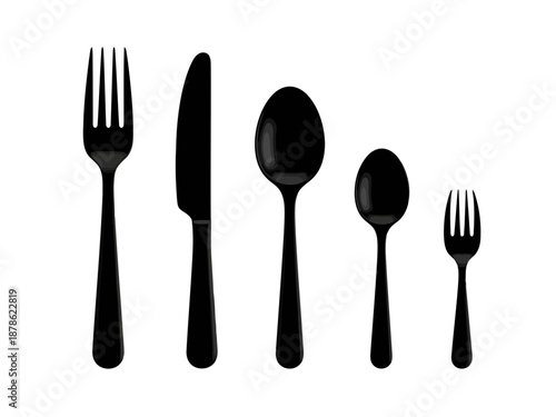 Set of black silhouette cutlery on including fork knife spoon