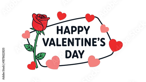 Happy Valentine's Day Greeting Card with Red Rose and Hearts on White Background