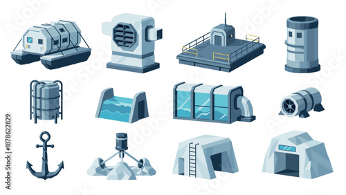 Futuristic isometric buildings and structures in arctic environment