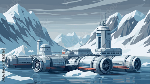 Futuristic arctic research station amidst majestic snowy mountains
