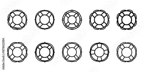 Party celebration beach lifebuoy vacation line art icon set. Minimalist Holiday line art vector icons collection